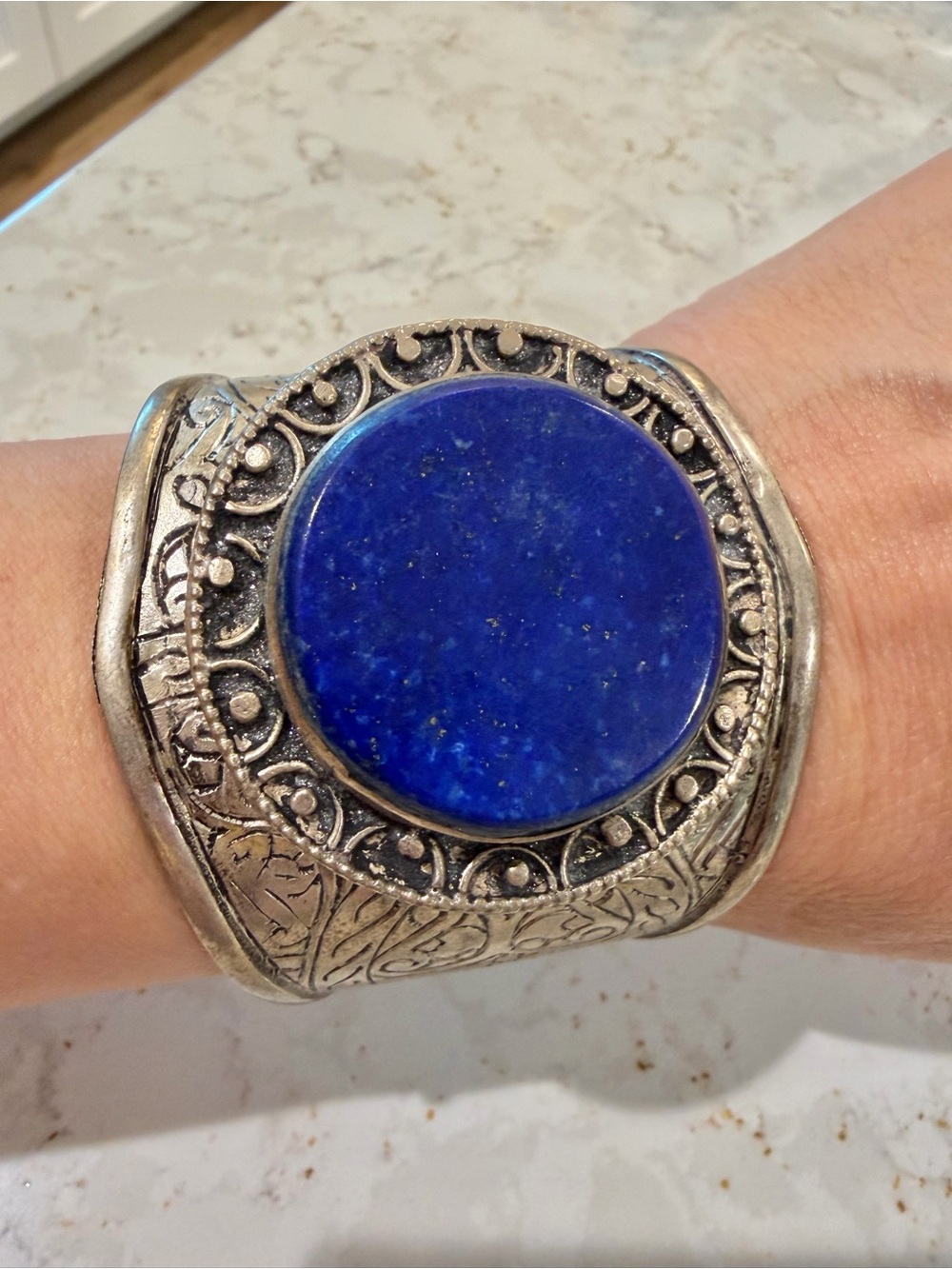 Vintage Afghan Kuchi Tribal Cuff Bracelet with Large Lapis Lazuli Stone